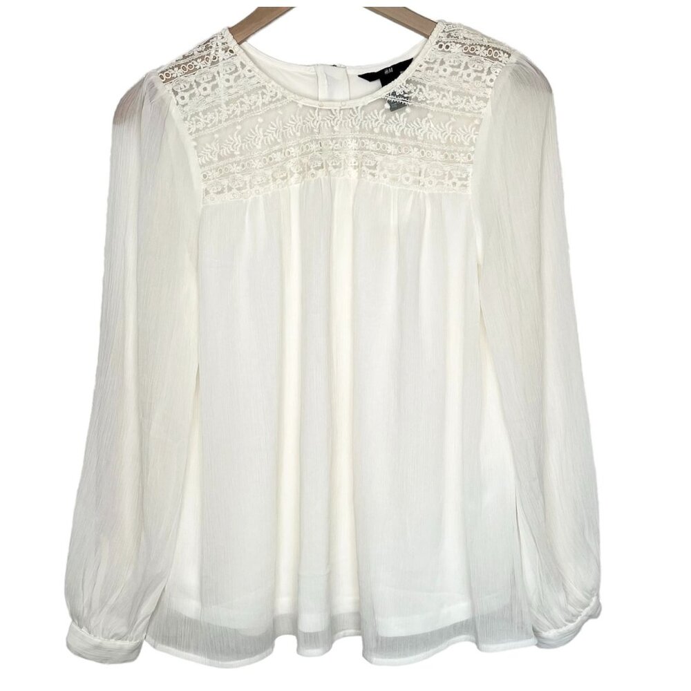 H&M Women's Lace & Chiffon Coquette Blouse Long Sleeve Size 4 Cream White